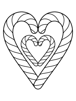 A festive double candy cane heart coloring page with clear outlines.