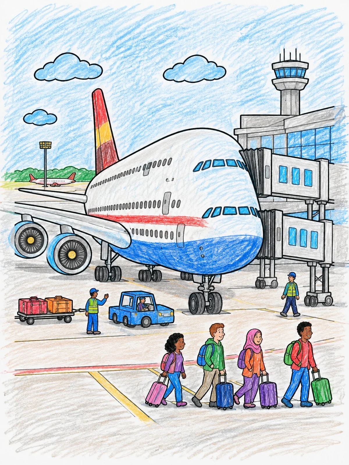 Colored example of the Double Decker Airplane At Terminal coloring page