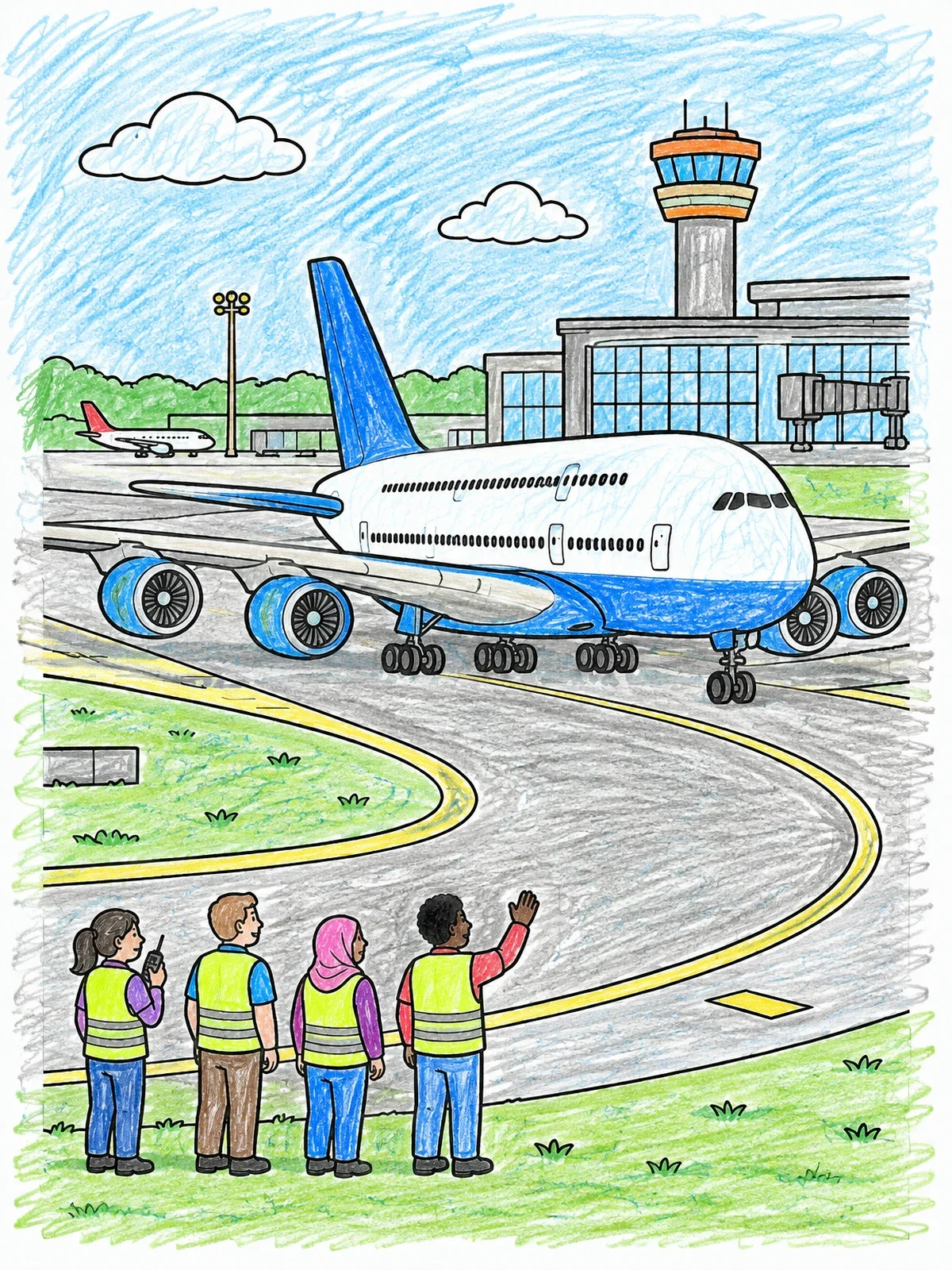 Colored example of the Double Decker Airplane Taxiing At Airport coloring page