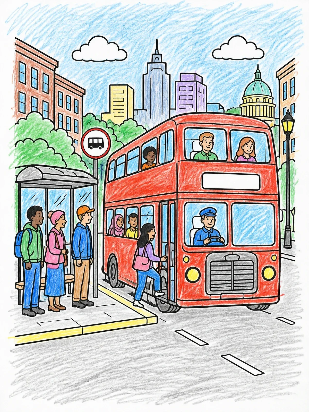 Colored example of the Double Decker Bus At City Stop coloring page