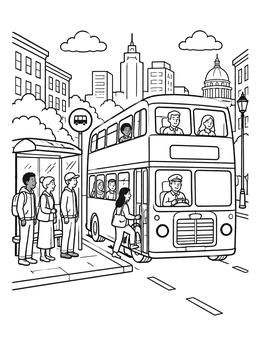 Free printable Double Decker Bus At City Stop coloring page