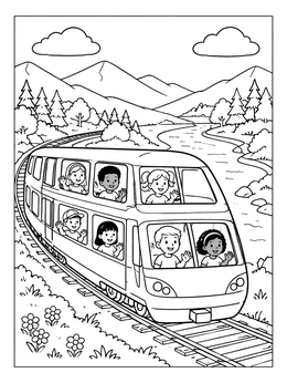 A double-decker passenger train coloring page with waving children traveling through a valley.