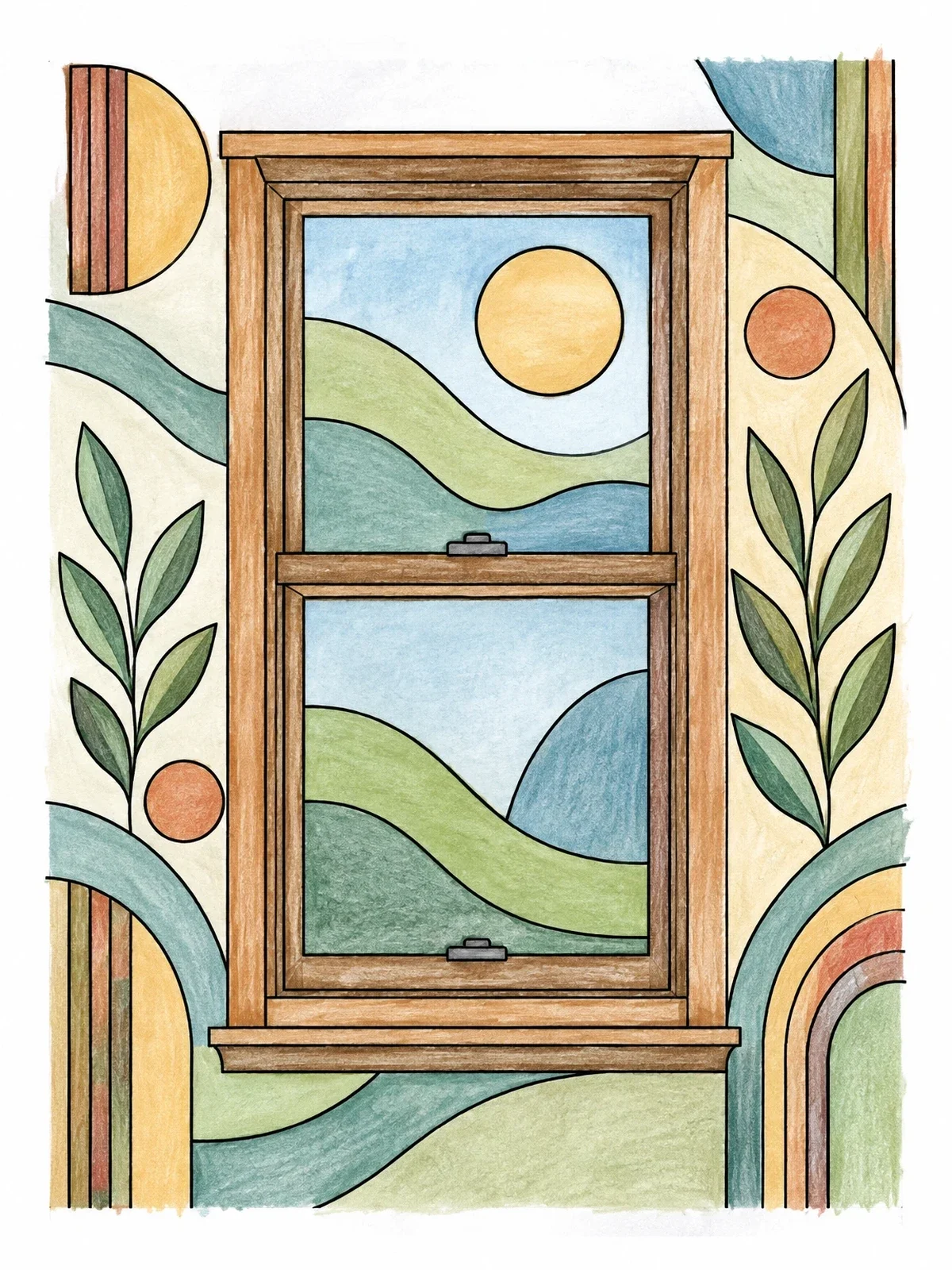 Colored example of the Double Hung Window With Abstract Landscape coloring page