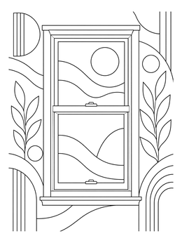 Geometric window coloring page showing rolling hills and leafy motifs outside a sash frame.