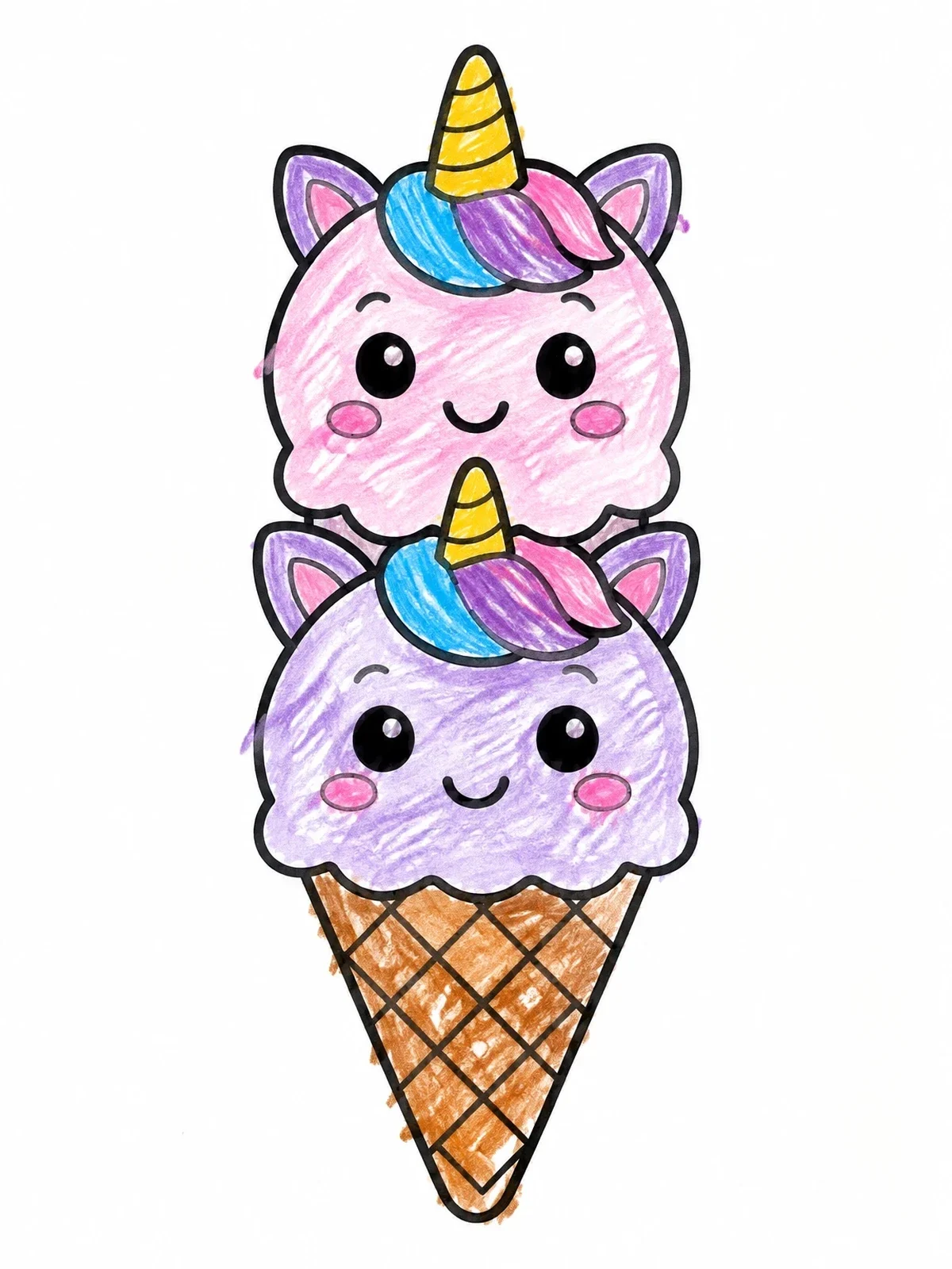 Colored example of the Double Scoop Unicorn Ice Cream Cone coloring page