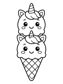A double scoop unicorn ice cream coloring page featuring two cute smiling faces in a waffle cone.
