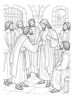Jesus reveals his wound to the disciples in this doubting thomas coloring page.