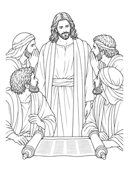 A doubting thomas coloring page showing Jesus appearing before whispering disciples gathered around a scroll.