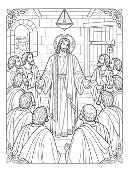Jesus reveals his wounded hands inside a locked room in this doubting thomas coloring page.