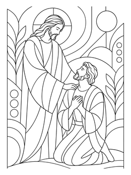 A stained glass style doubting thomas coloring page showing Jesus comforting a kneeling disciple.