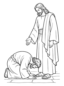 A doubting thomas coloring page showing the apostle kneeling humbly at the feet of Jesus.