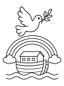 A cute dove above an ark and rainbow in this preschool coloring page.