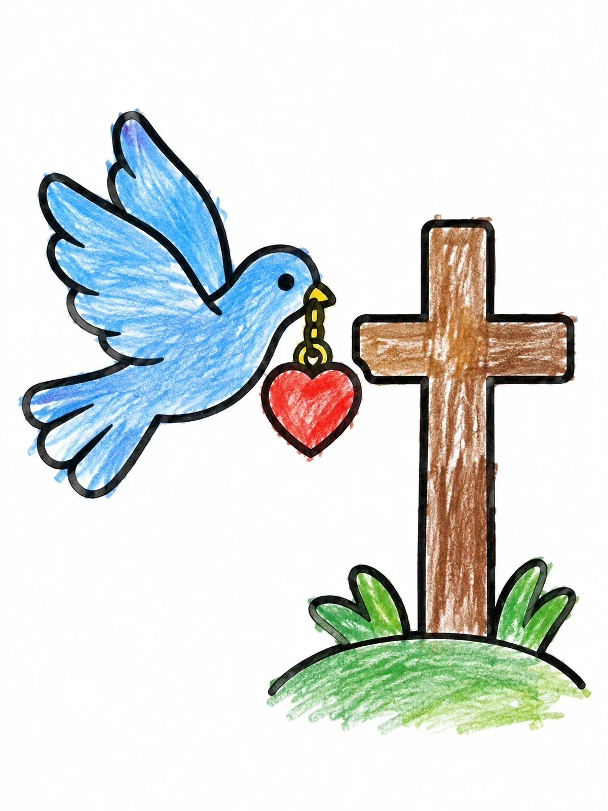Colored example of the Dove With Heart And Cross coloring page