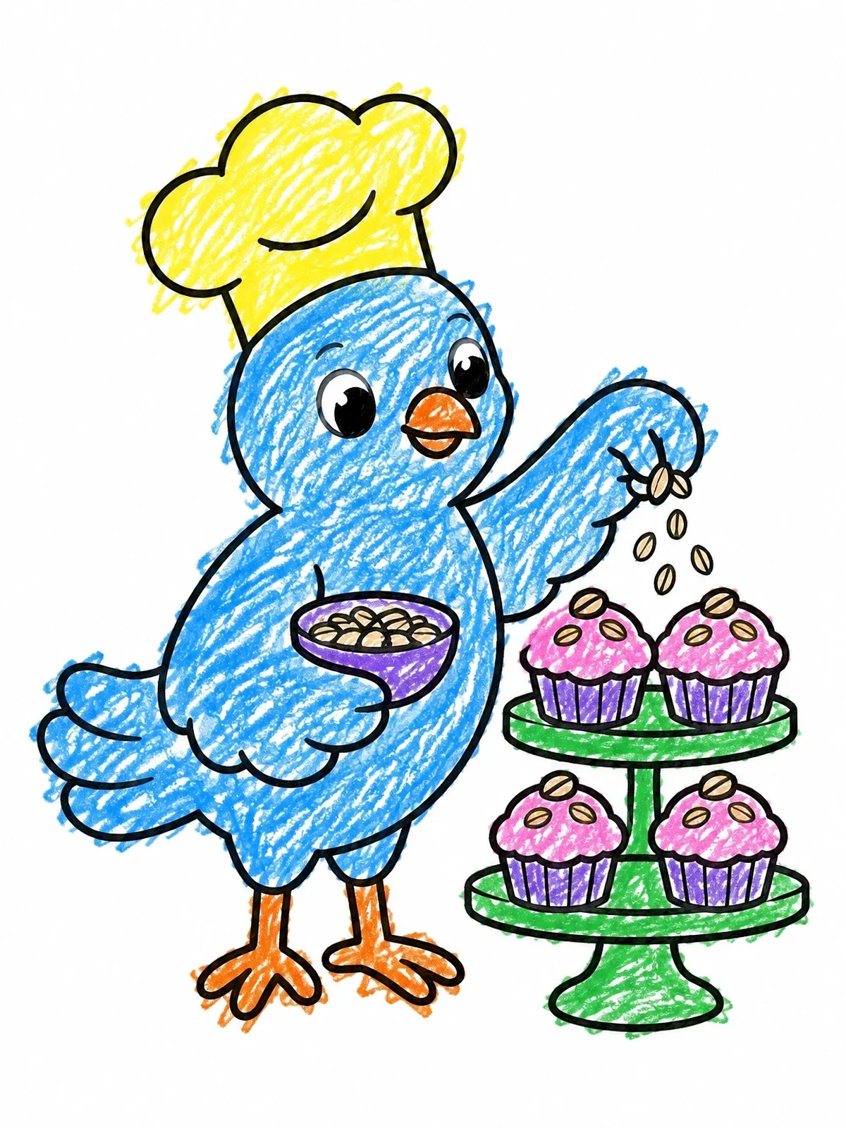 Colored example of the Dove Chef Decorating Cupcakes coloring page