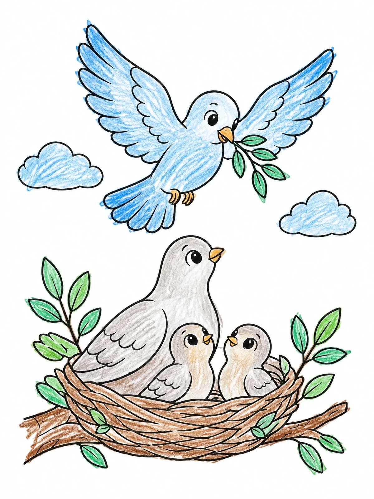 Colored example of the Dove Family With Nest And Twig coloring page