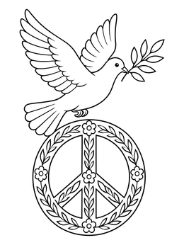 A dove holding an olive branch flies above a peace and love coloring page sign.