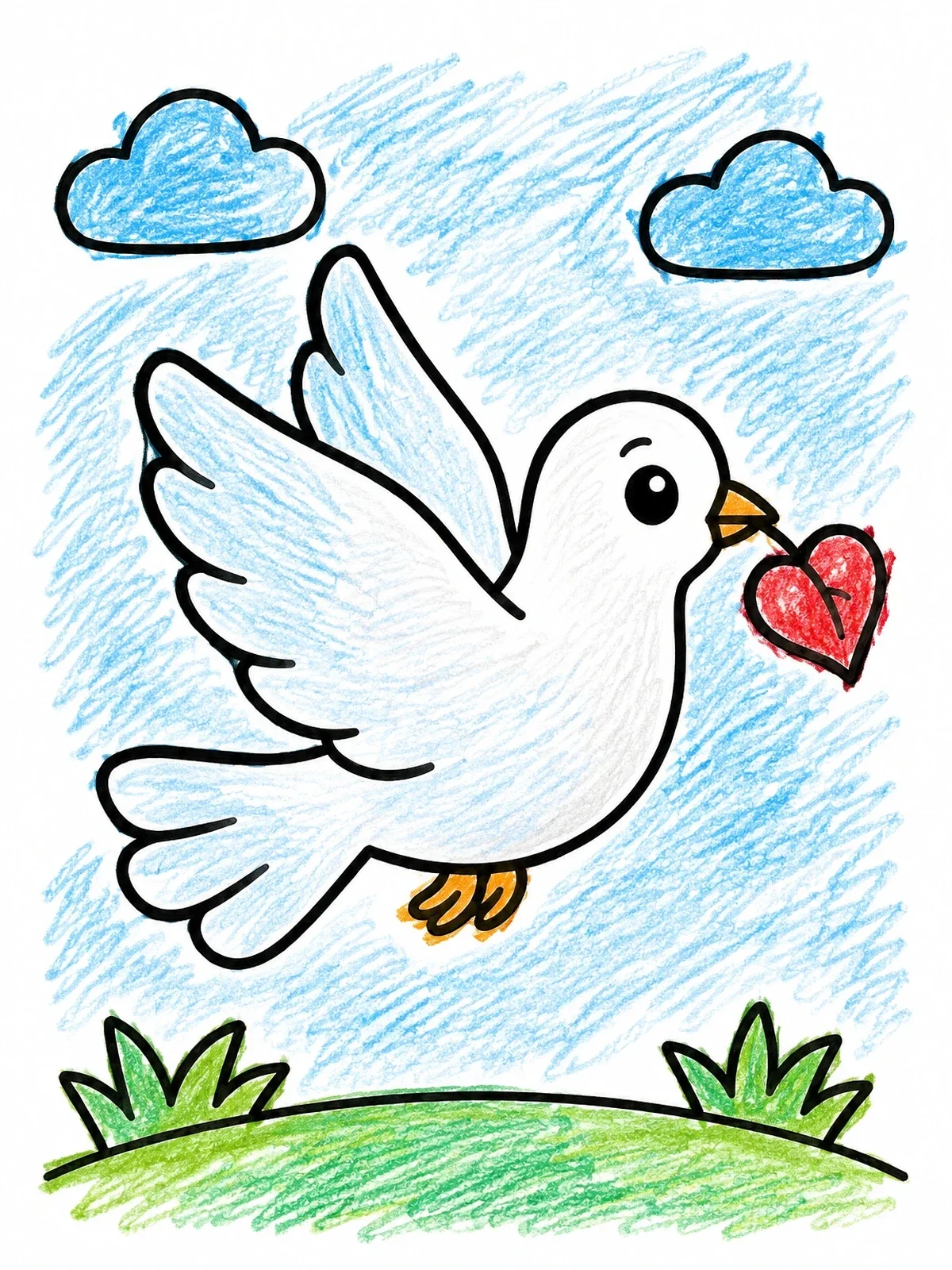 Colored example of the Dove Flying With Heart Leaf coloring page