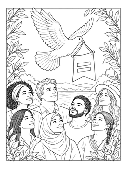 A diverse group looking up at a flying dove in this equality coloring page.