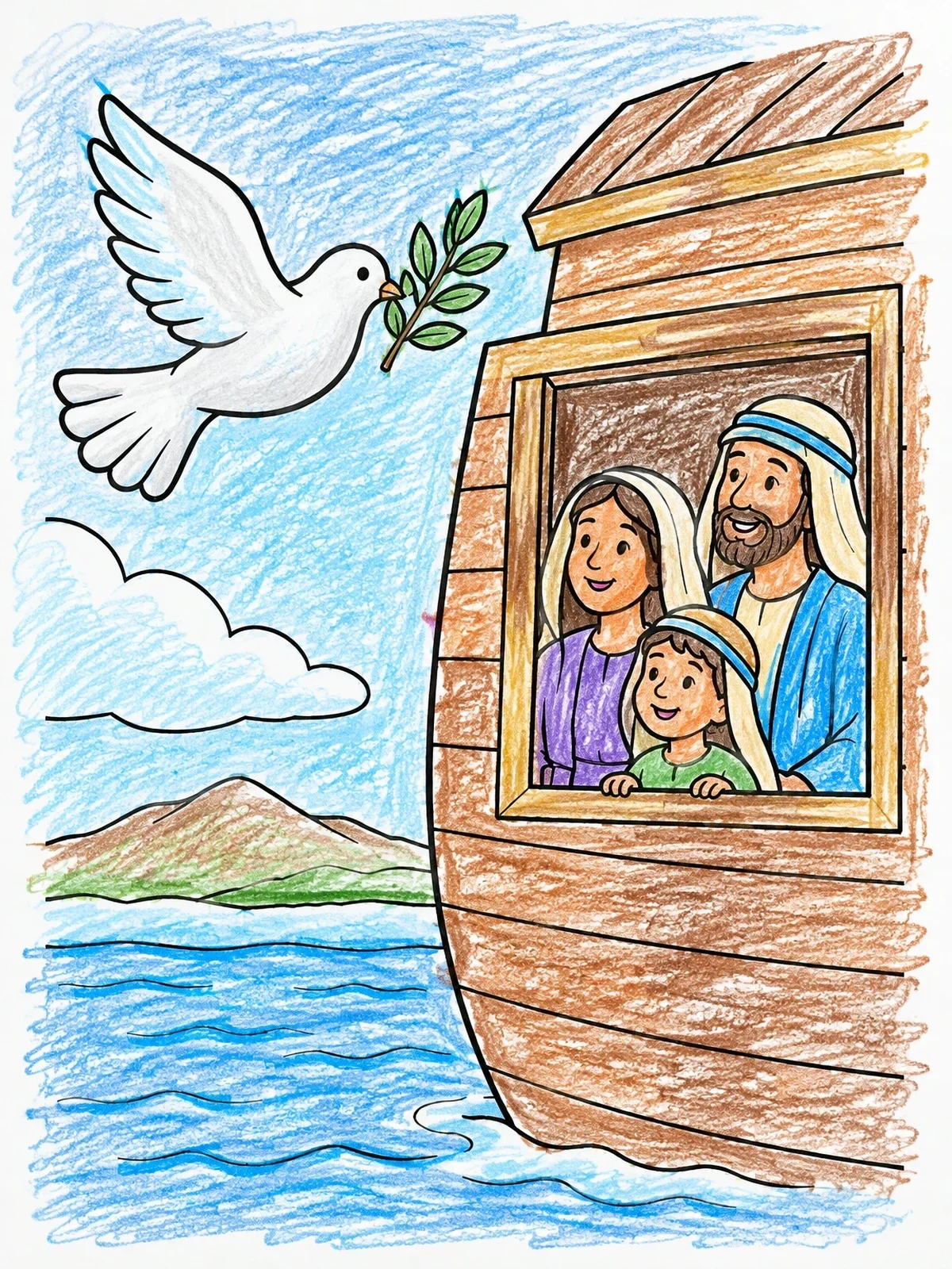Colored example of the Dove With Olive Branch Returning To The Ark coloring page