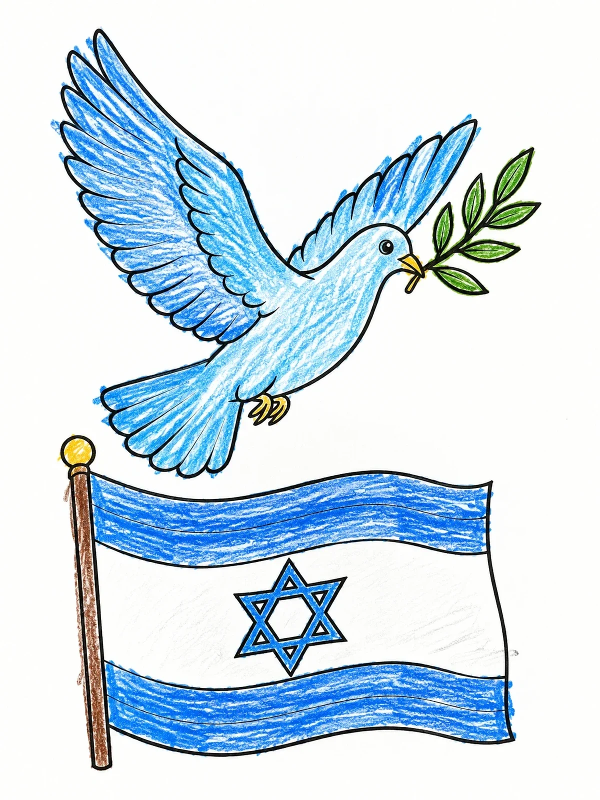 Colored example of the Dove Of Peace Above Israel Flag coloring page