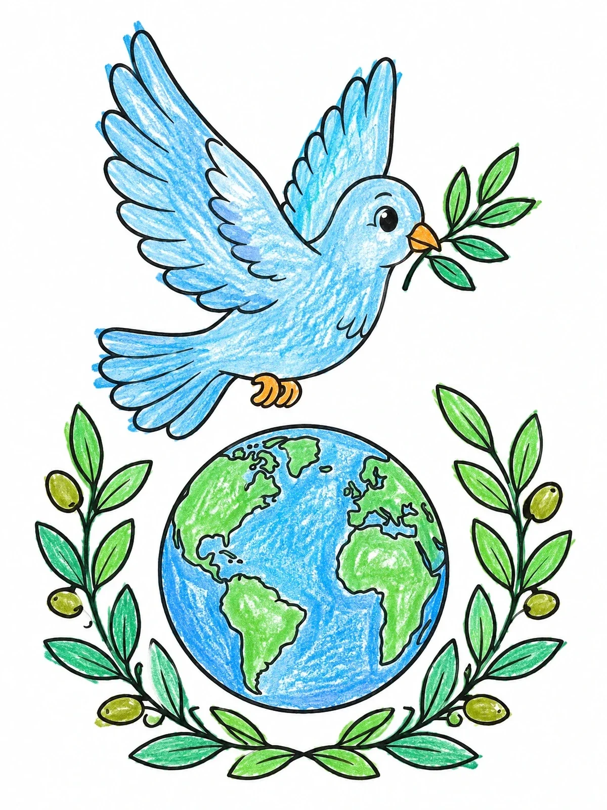 Colored example of the Dove Of Peace Over Earth coloring page