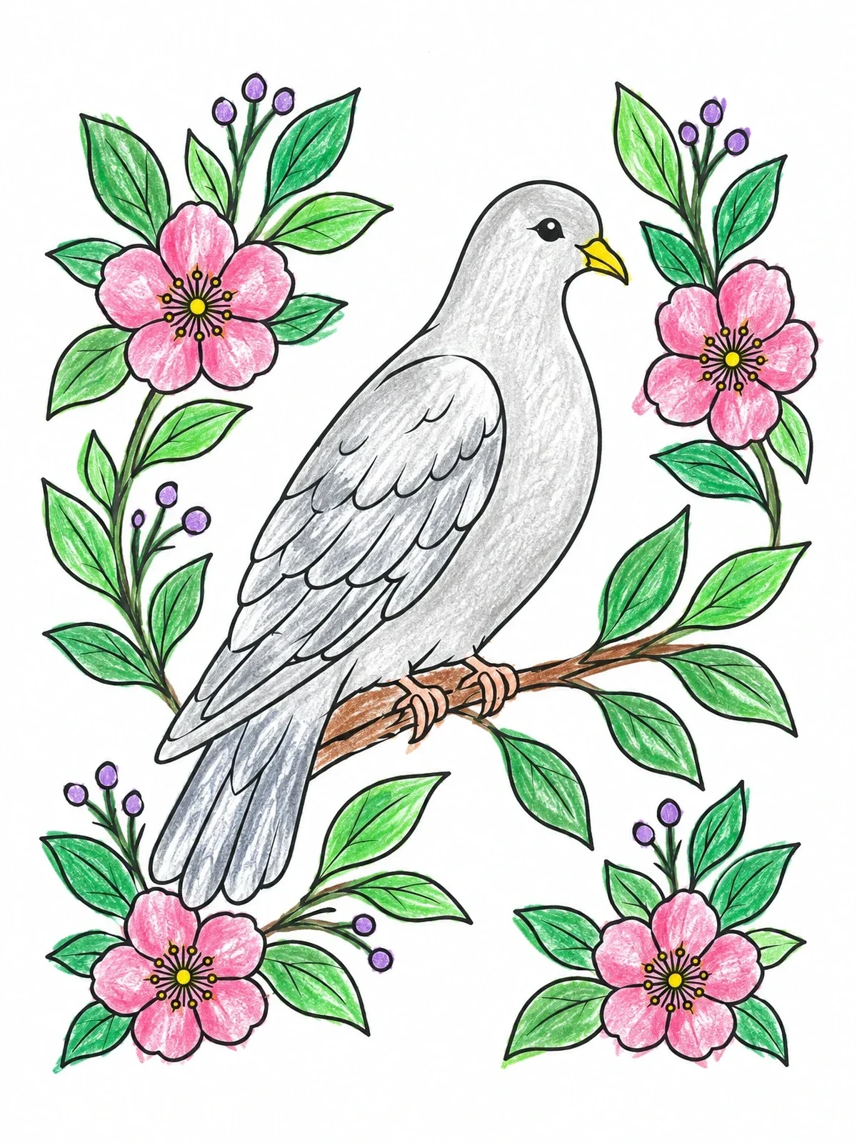 Colored example of the Dove Perched Among Blooming Flowers coloring page