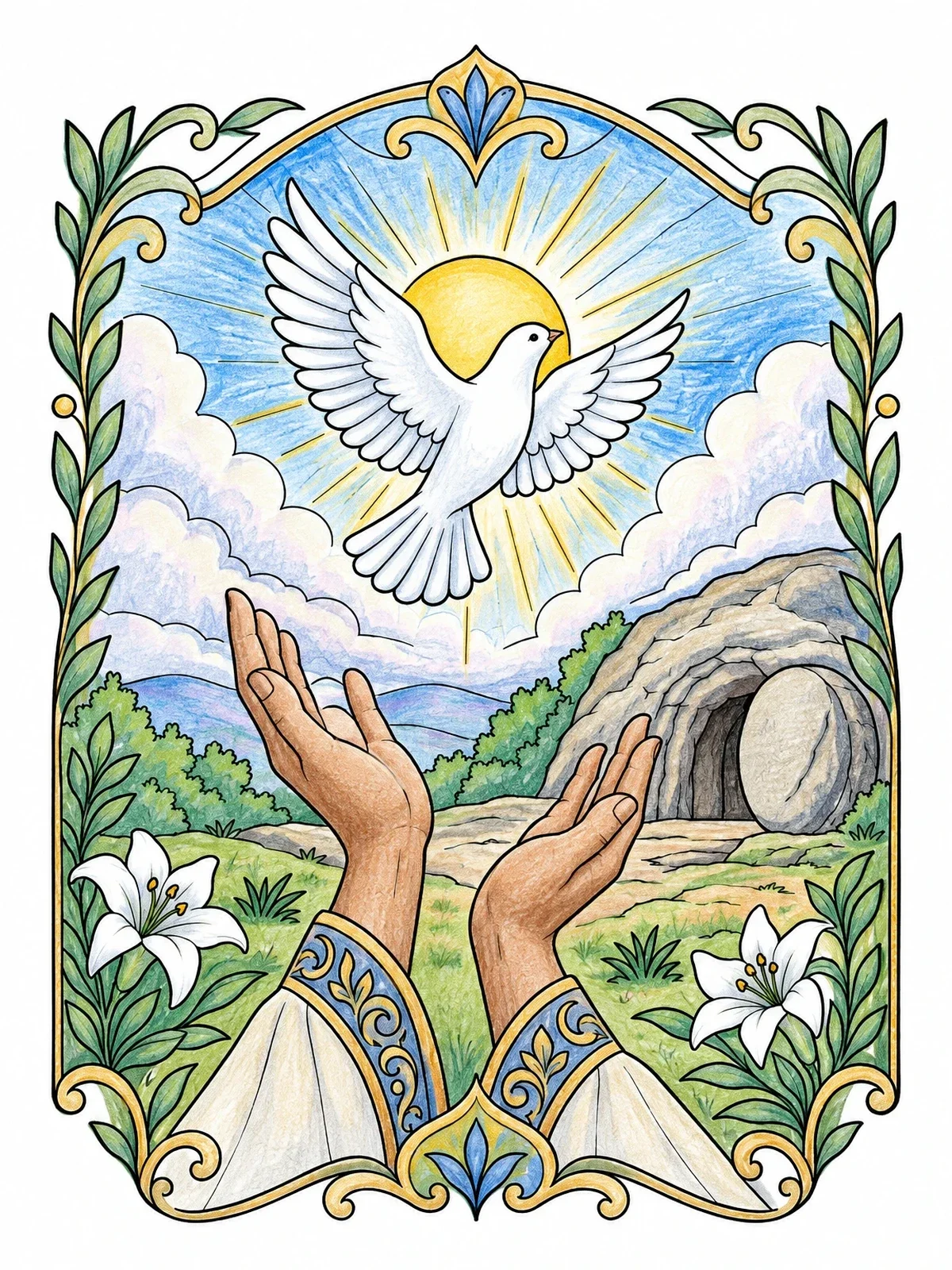 Colored example of the Dove Released Near Empty Tomb coloring page