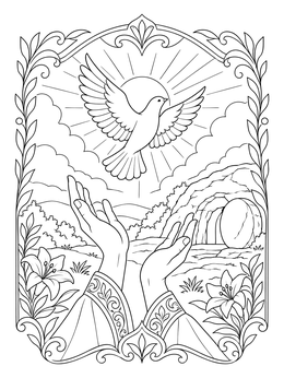 A serene freedom coloring page with hands releasing a dove into the sky beside an open tomb.