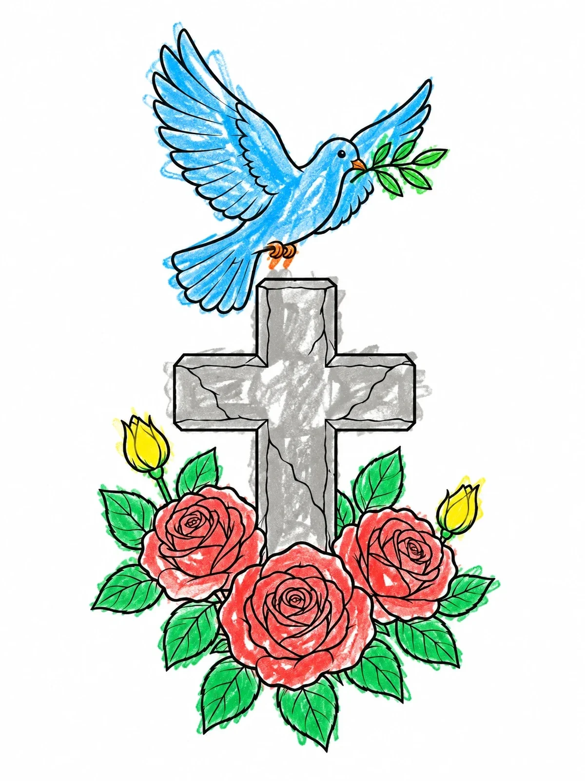 Colored example of the Peace Dove Over Stone Cross And Roses coloring page