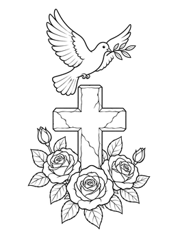 Free printable Peace Dove Over Stone Cross And Roses coloring page