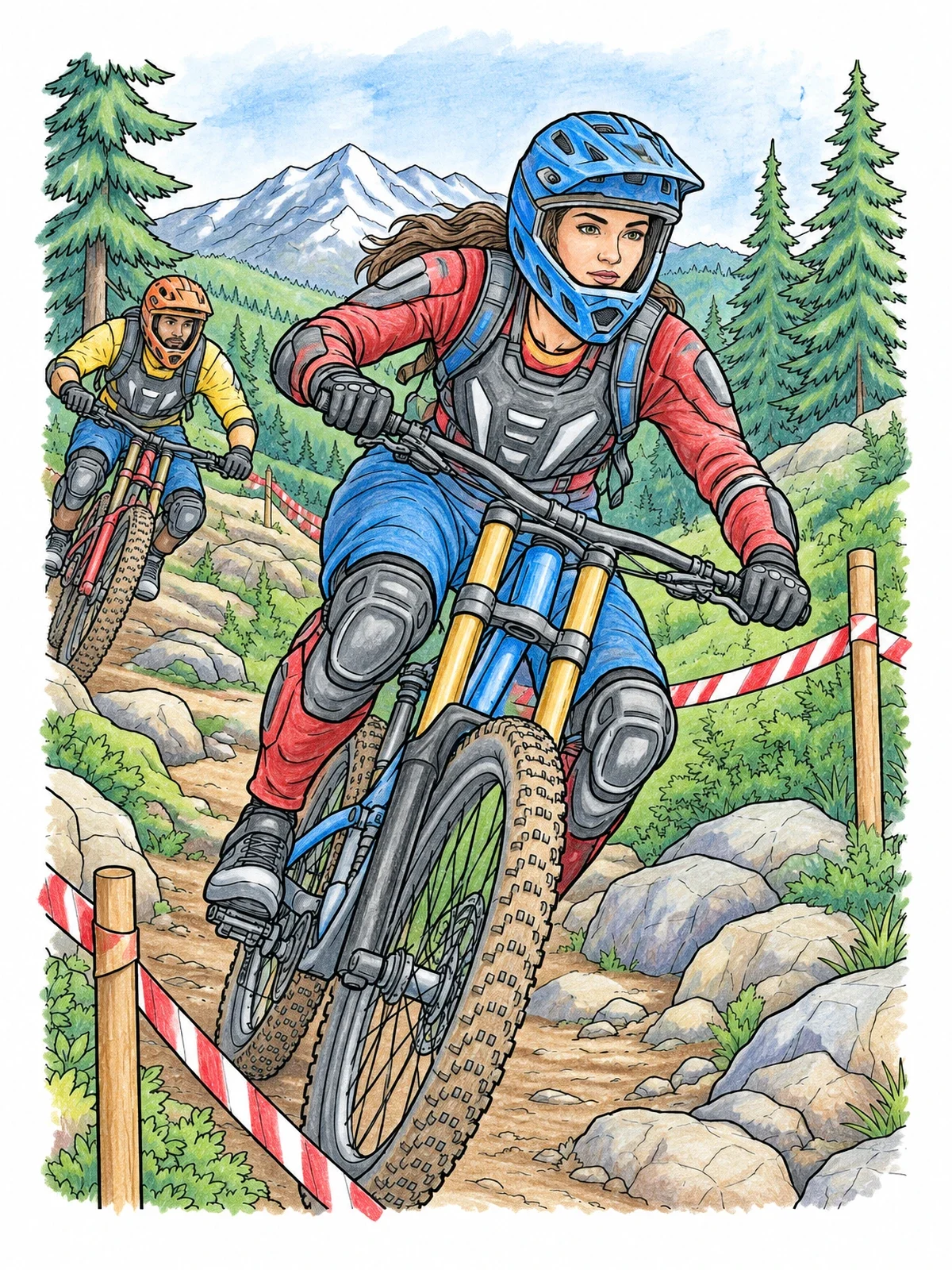 Colored example of the Downhill Mountain Bike Racers On Mountain Trail coloring page