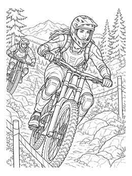 Free printable Downhill Mountain Bike Racers On Mountain Trail coloring page