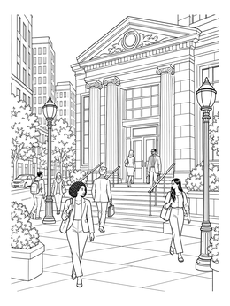 Pedestrians walk along a city sidewalk outside a grand bank coloring page with columns and steps.
