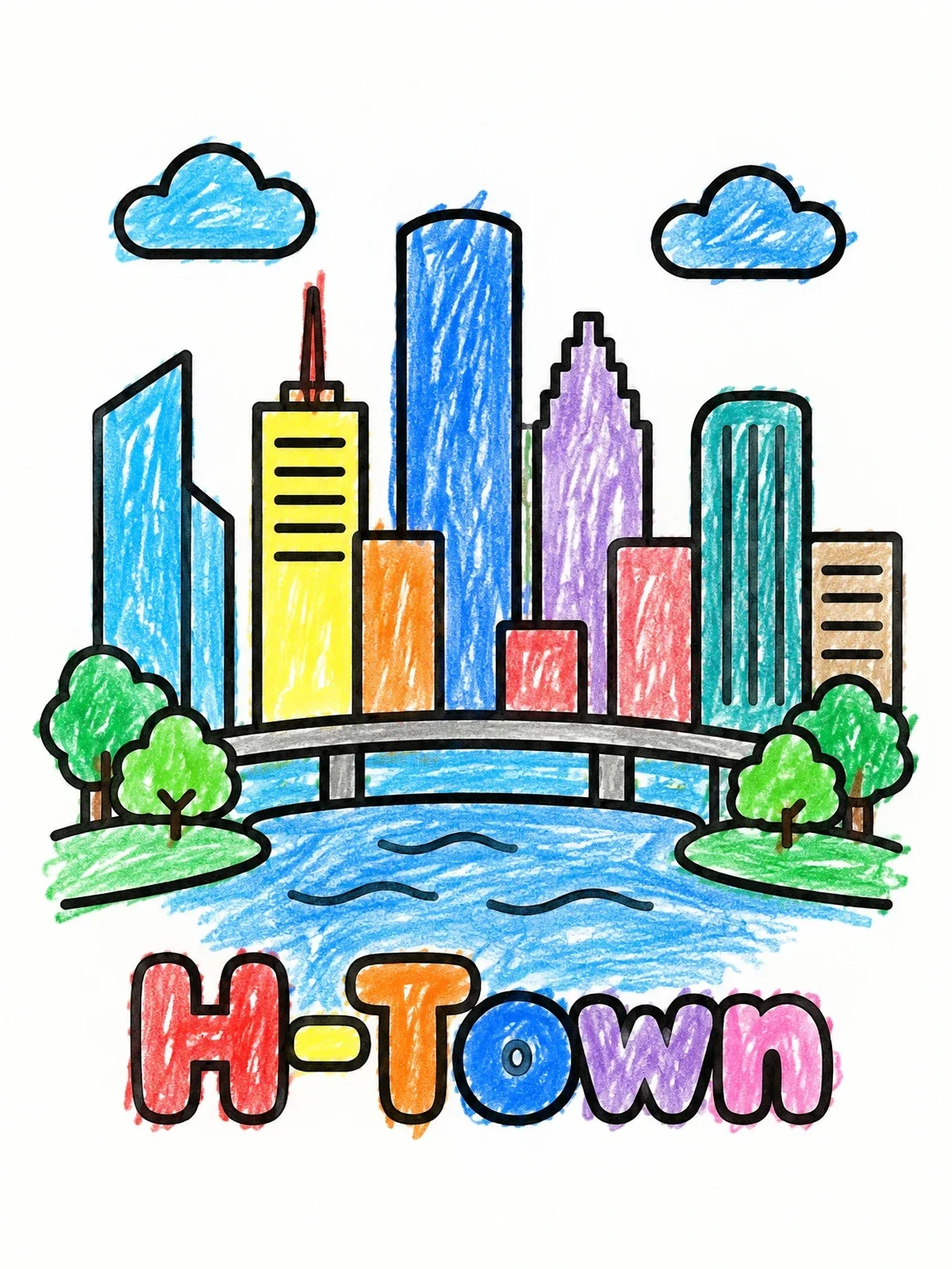 Colored example of the Downtown Houston Skyline And River coloring page