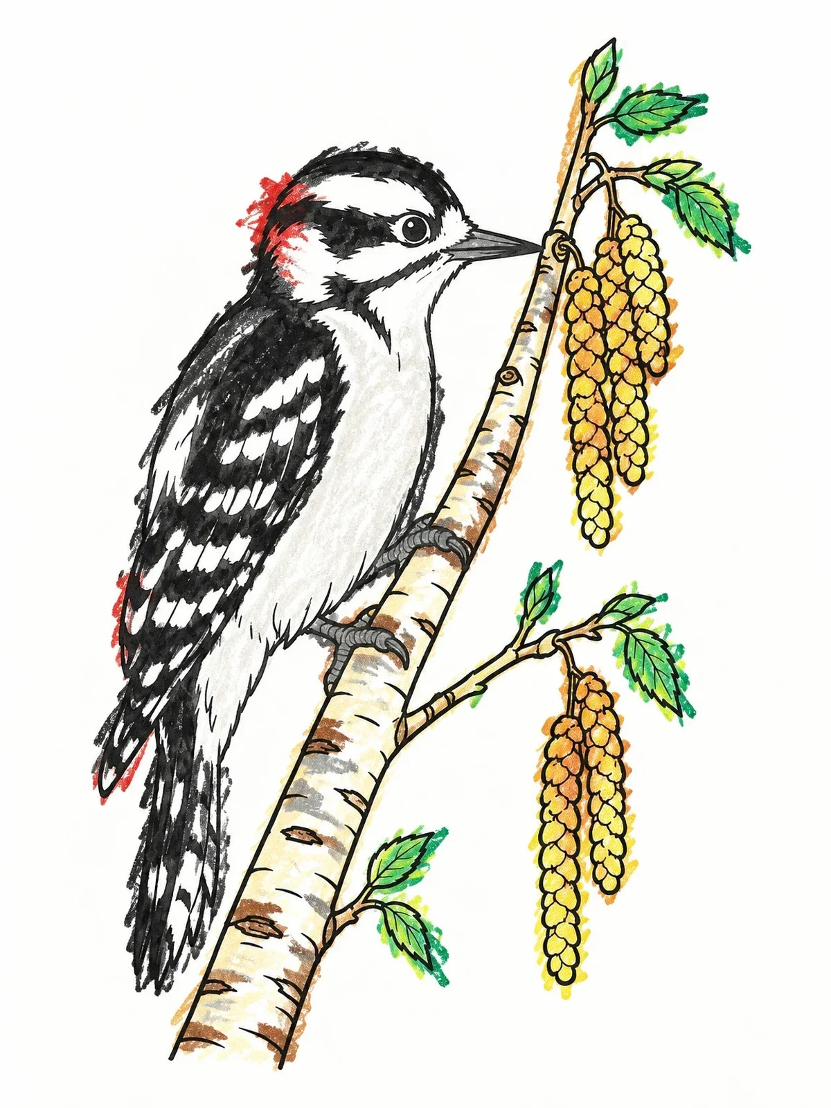 Colored example of the Downy Woodpecker On Birch Branch coloring page