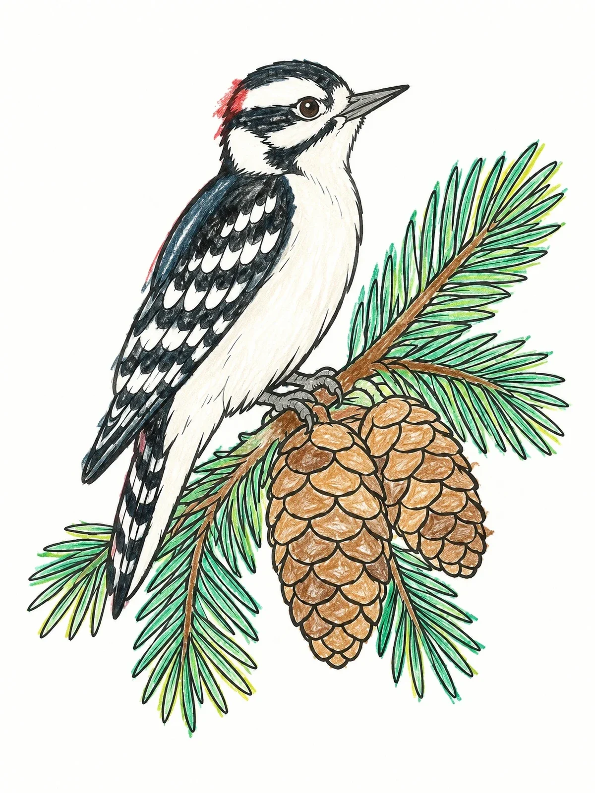 Colored example of the Downy Woodpecker On Pine Branch coloring page