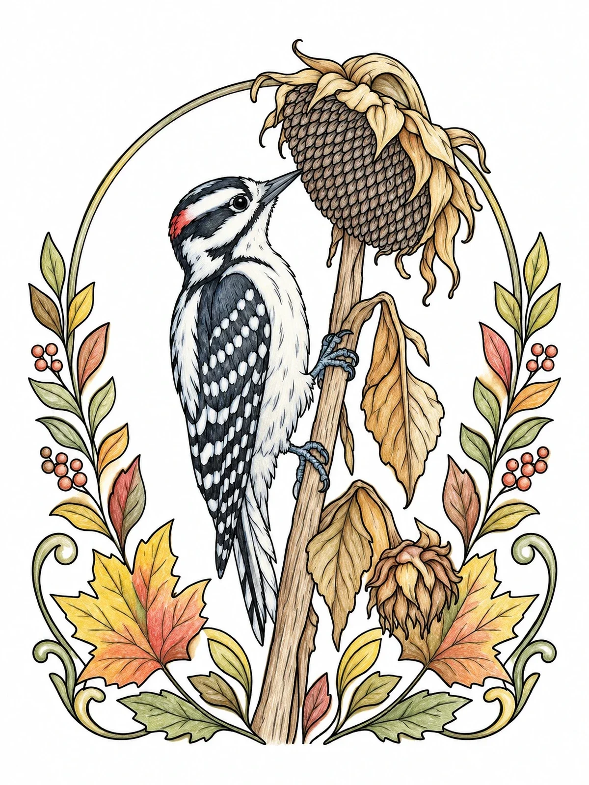 Colored example of the Downy Woodpecker On Sunflower coloring page