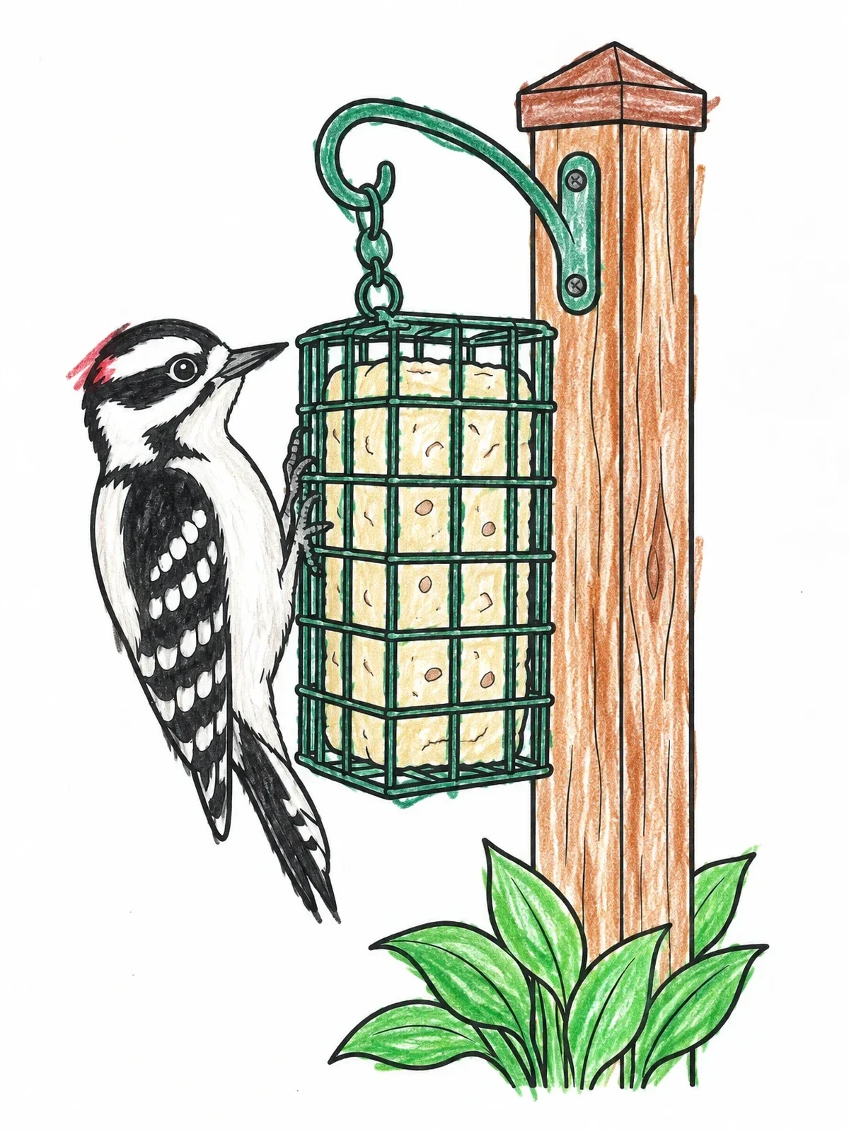 Colored example of the Downy Woodpecker At The Suet Feeder coloring page