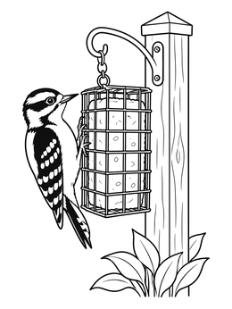 A downy woodpecker coloring page showing the bird clinging to a suet basket on a garden post.