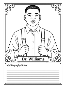 A framed portrait in this daniel hale williams coloring page with lined writing space below.