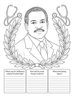 A detailed daniel hale williams coloring page portrait surrounded by laurels and writing prompts.