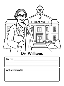 An educational daniel hale williams coloring page with a vintage hospital and bio notes.