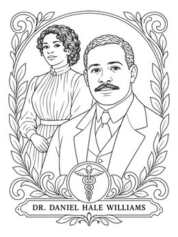 Portrait in this Dr. Daniel Hale Williams coloring page with historical clothing and medical emblem.