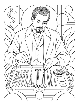 Historic daniel hale williams coloring page showing the surgeon arranging medical instruments on a tray.