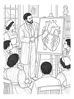 A daniel hale williams coloring page showing the doctor teaching students with a heart diagram on an easel.