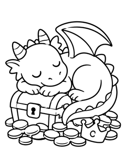 Free printable Cute Baby Dragon Sleeping On Treasure coloring page