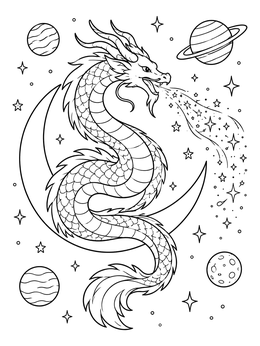 A celestial serpent dragon breathing stardust next to a crescent moon on this draco coloring page.