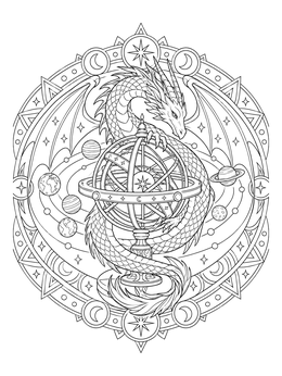 A celestial draco coloring page featuring a dragon coiled around an armillary sphere.