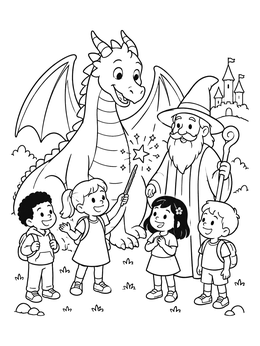 Free printable Friendly Dragon And Wizard With Children coloring page