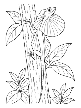 Detailed draco coloring page featuring a gliding lizard perched vertically on a tree trunk surrounded by foliage.